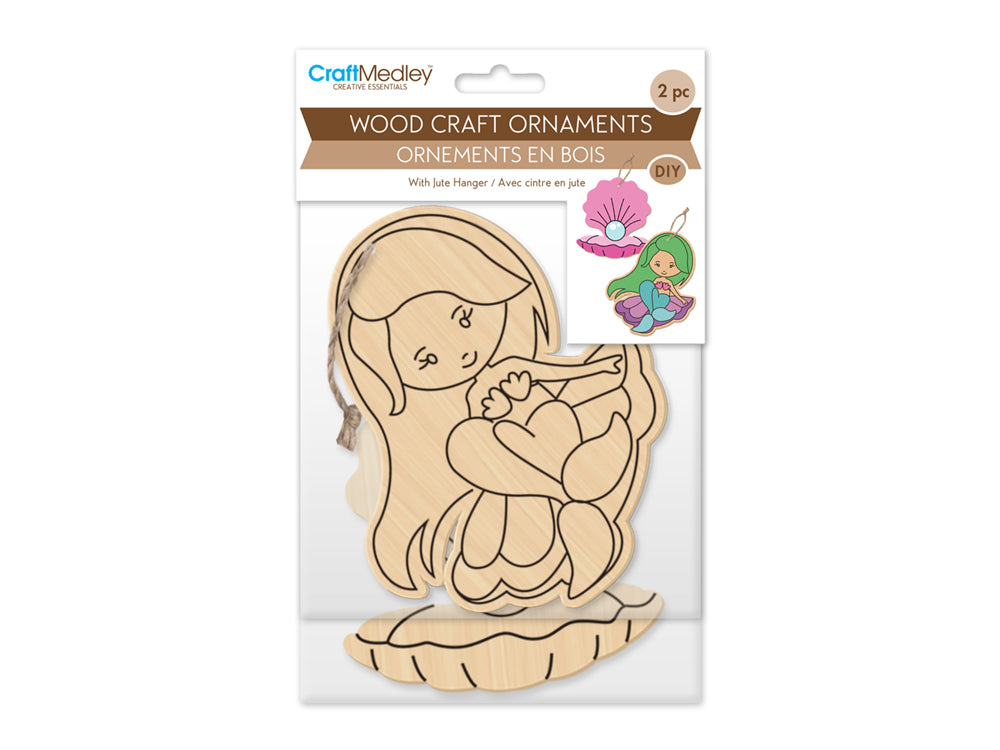 Wood Craft: Wood Ornaments x2 Asst Printed w/Jute Cord Hanger A) Mermaid