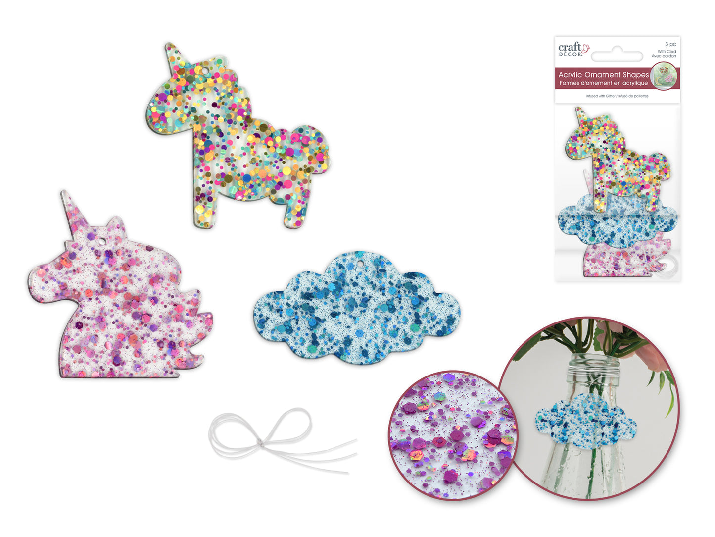 Craft Decor: 5cm-6cm Glitter Infused Acrylic Ornament 3pc Asst A) Unicorn