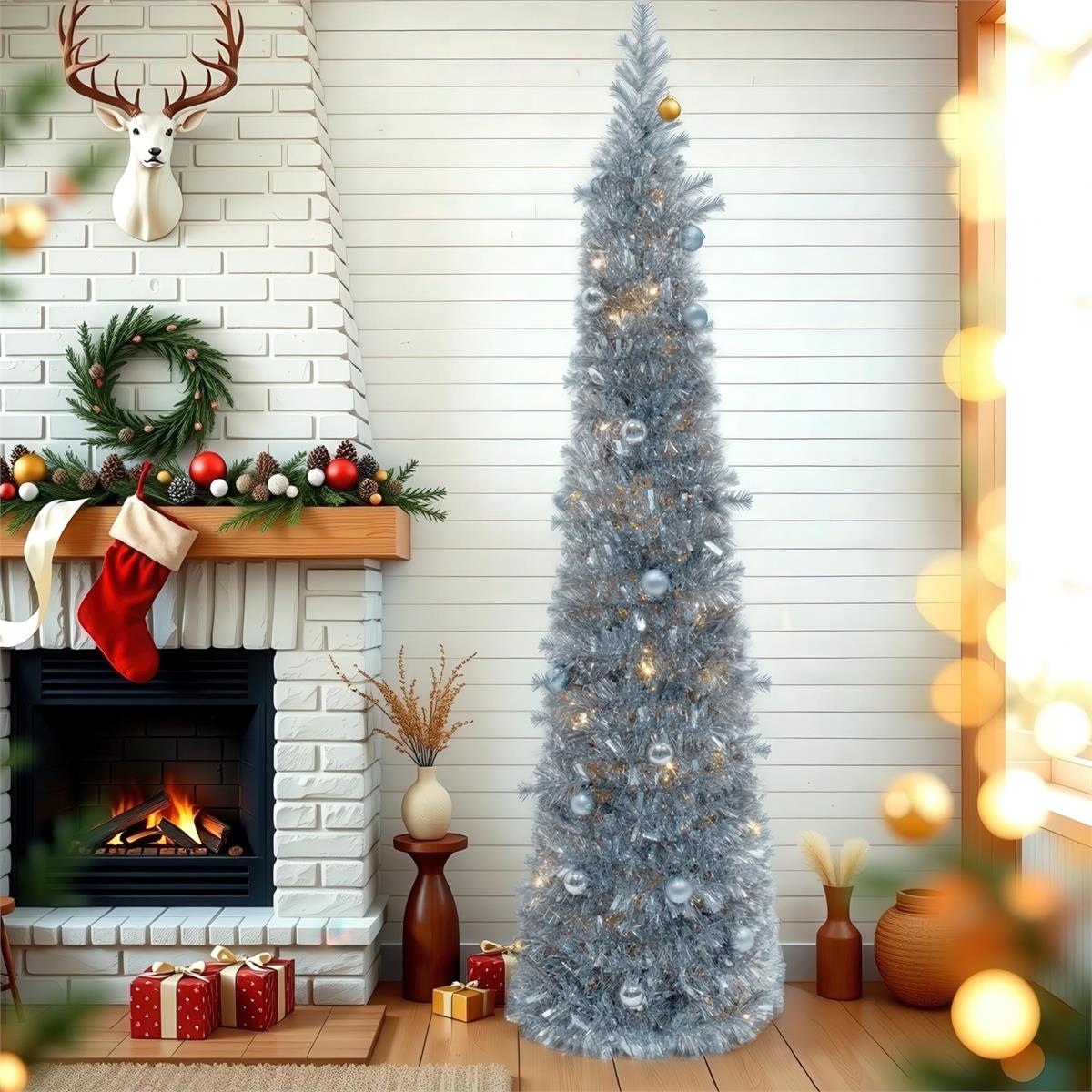 Deco N. 5ft Pop-Up Xmas Tree w/100 LED Lights & 36 balls, ETL, Silver, boxwhite box with color label