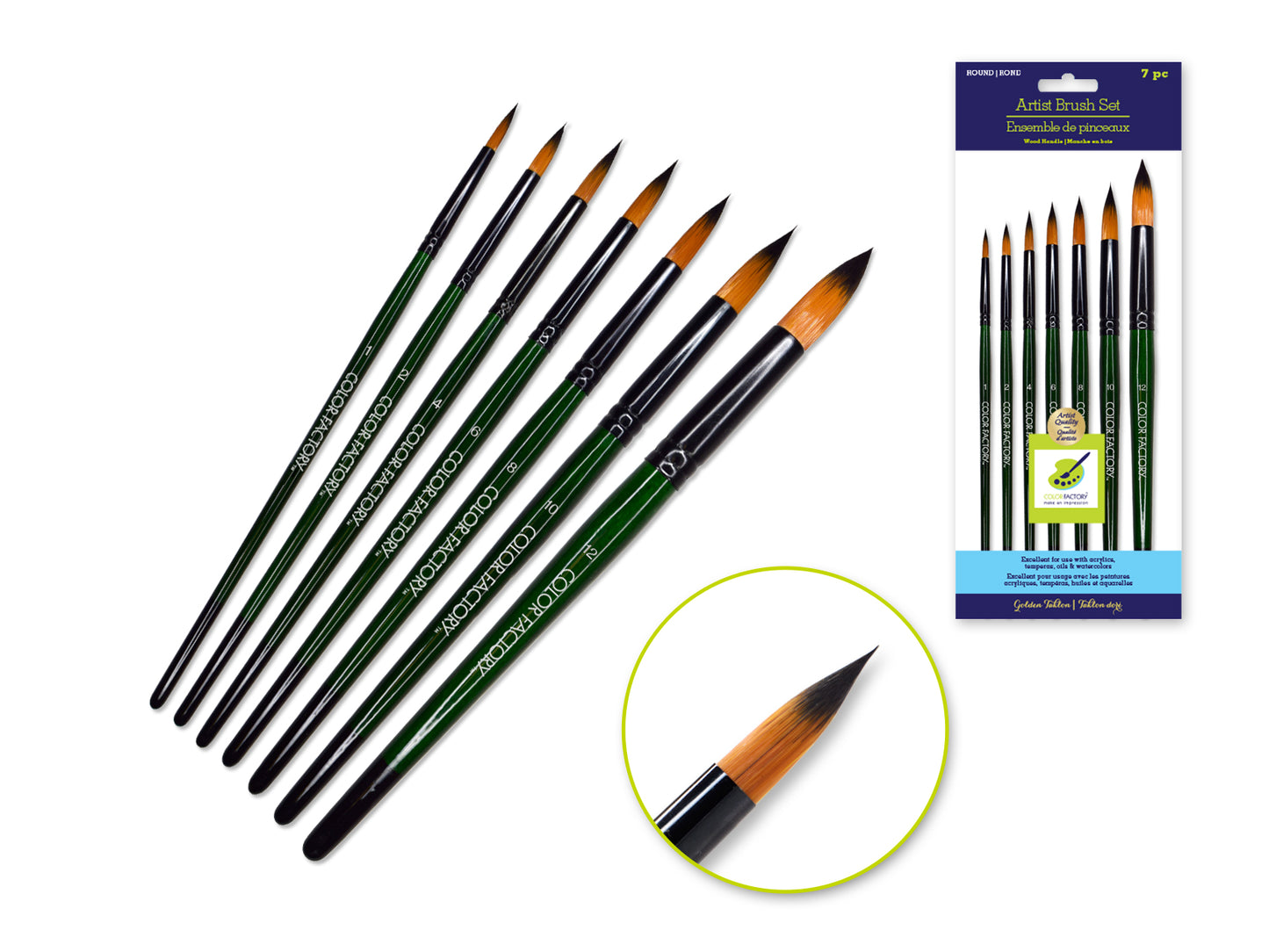 Artist Brush Set: 'Fierce' Art Set x7 Wood Handle C) Round