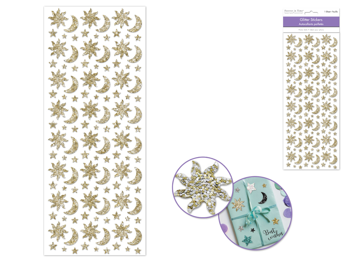 Paper Craft Sticker: 12.5cmx30.5cm Glitter Shapes J) Gold Celestial