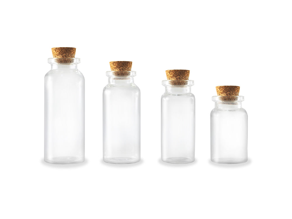 Glass Bottles: Mini Containers w/Cork Lid x4 7ml/10ml/15ml/20ml