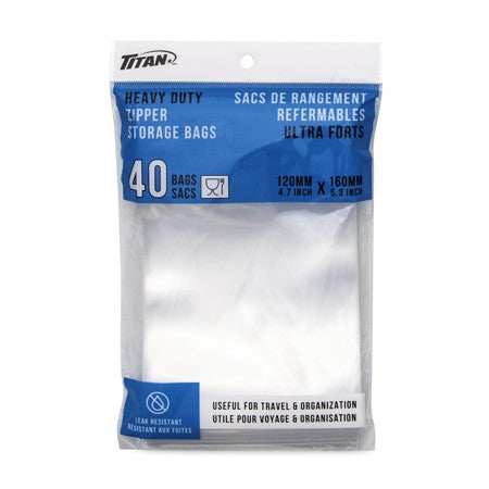 TITAN HEAVY DUTY ZIPPER STORAGE BAGS 120MM X 160MM 40 BAGS/PK