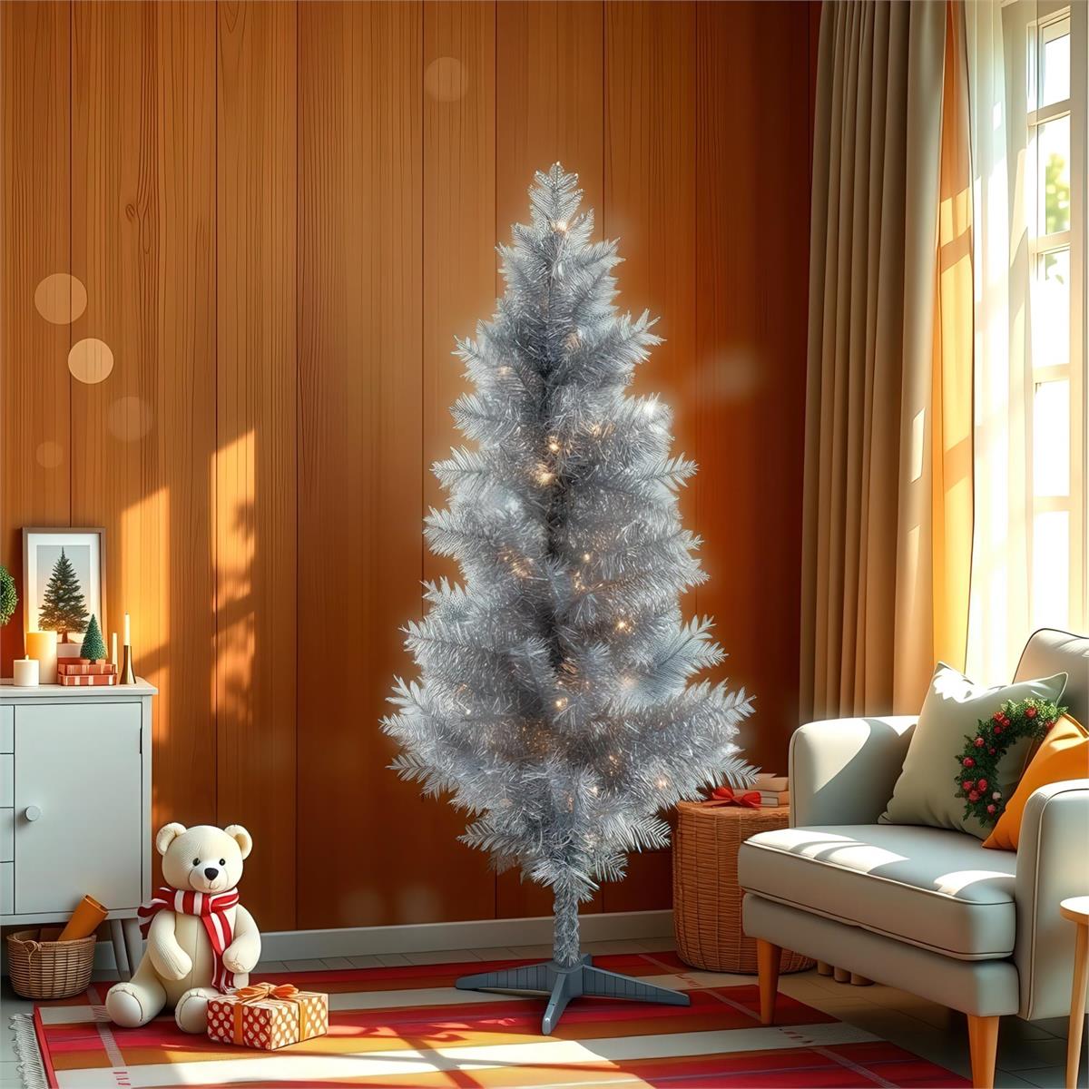 Deco N. 4ft 120 Tips Tinsel Xmas Tree, 70 LED, Silver, ETL