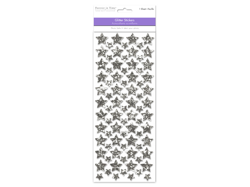 Paper Craft Sticker: 12.5cmx30.5cm Glitter Shapes B) Silver Stars