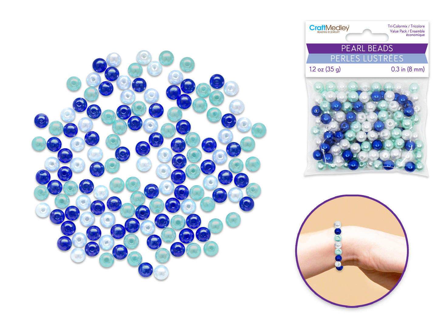 Pearl Beads: 8mm Gloss Tri-Colormix 35gms A) Blue