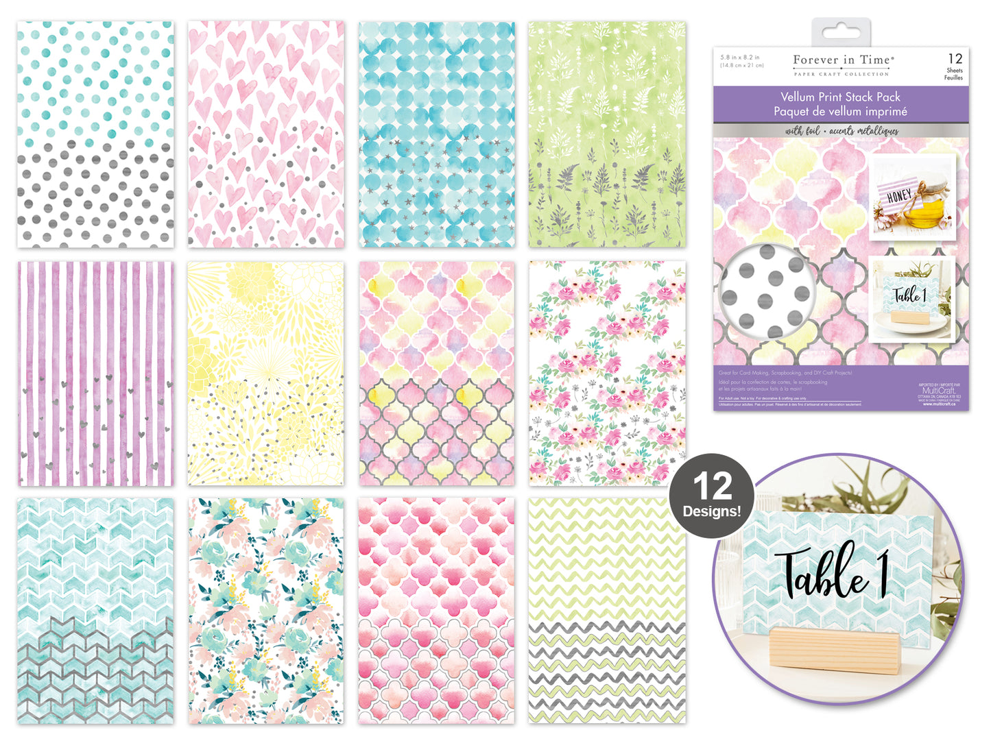 Paper Pads: 5.8"x8.2" Vellum Foil Print Stack Packs 12sheet J) Pattern Medley
