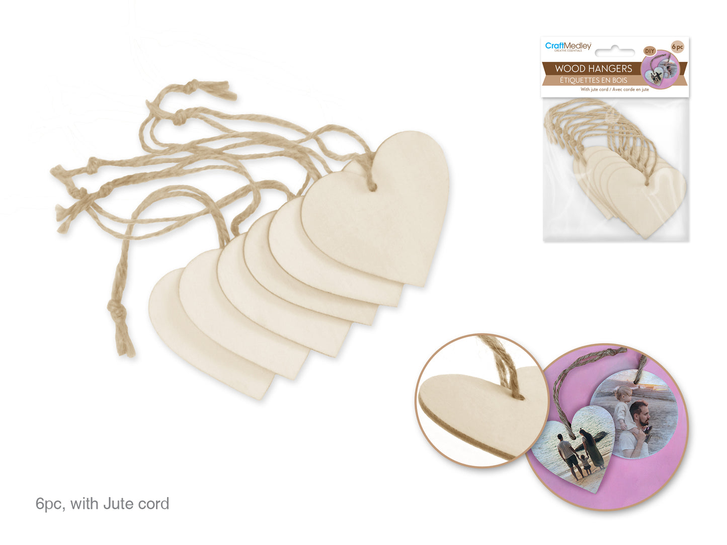 Craftwood: DIY 6cm Ornament/Tags 6pc w/Jute Hanger A) Heart