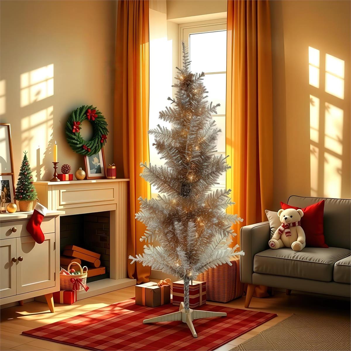 Deco N. 4ft 120 Tips Tinsel Xmas Tree, 70 LED, Gold, ETL