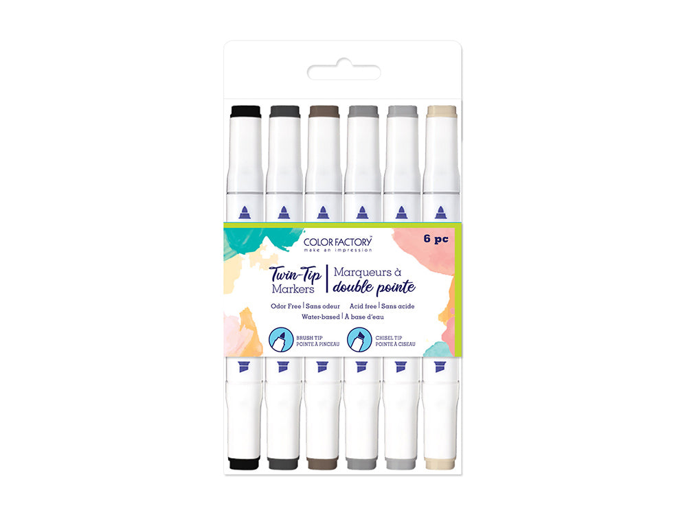 Color Factory: Water-Based Twin Markers Fine+Broad Tips 6pk D) Monochrome
