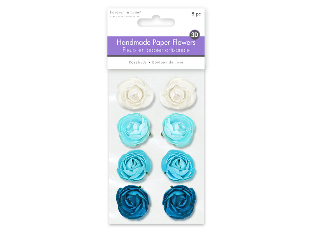 Floral Embellish: 1.1" Handmade Paper Rosebuds x8 C) Blue
