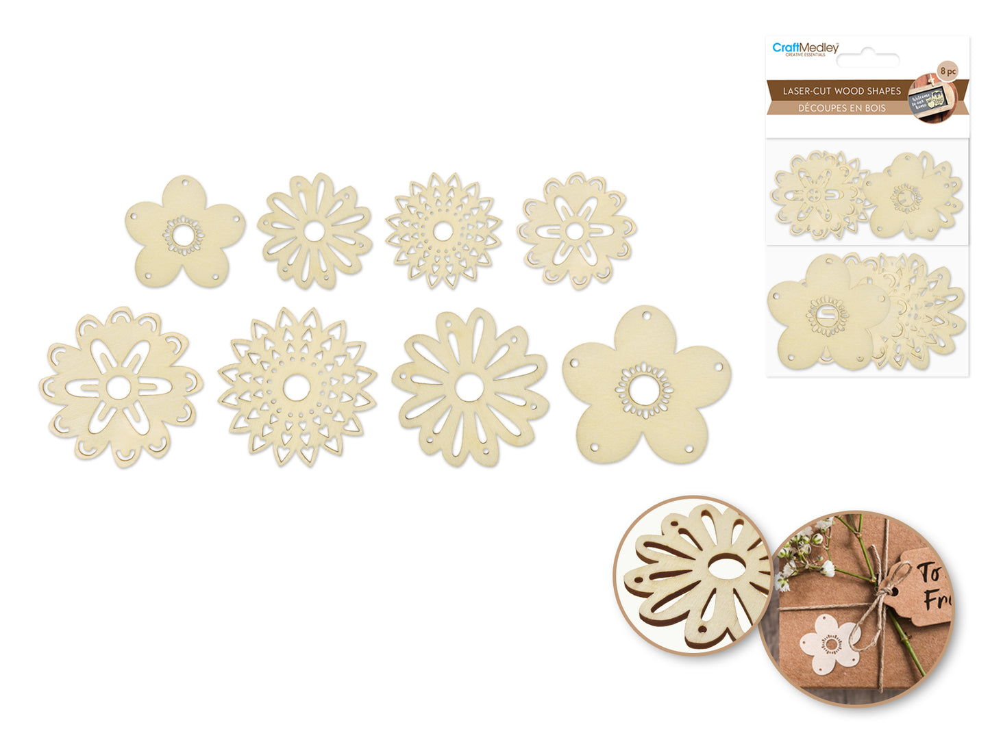 Wood Craft: Laser-Cut Wood Shapes x8 D) Flowers