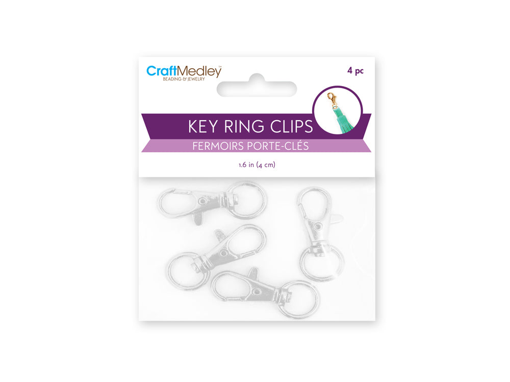 Jewelry Findings: 1.63" Key Ring Clip x4 w/Swivel Ring B) Silver