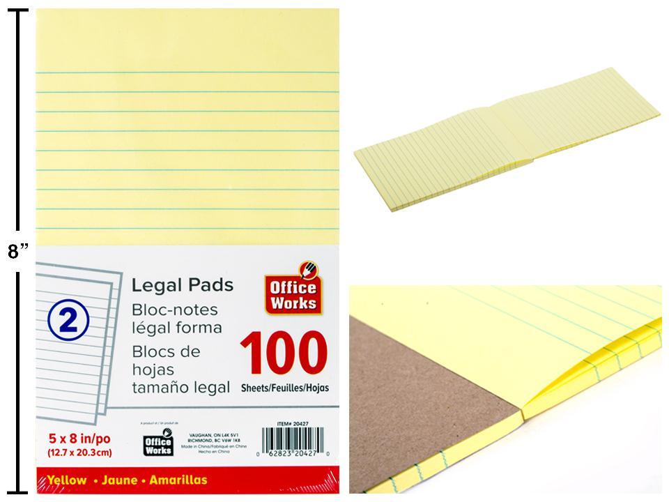 O.WKs. 2 pk 100-sheet, 5x8" Legal Pad,Yellow