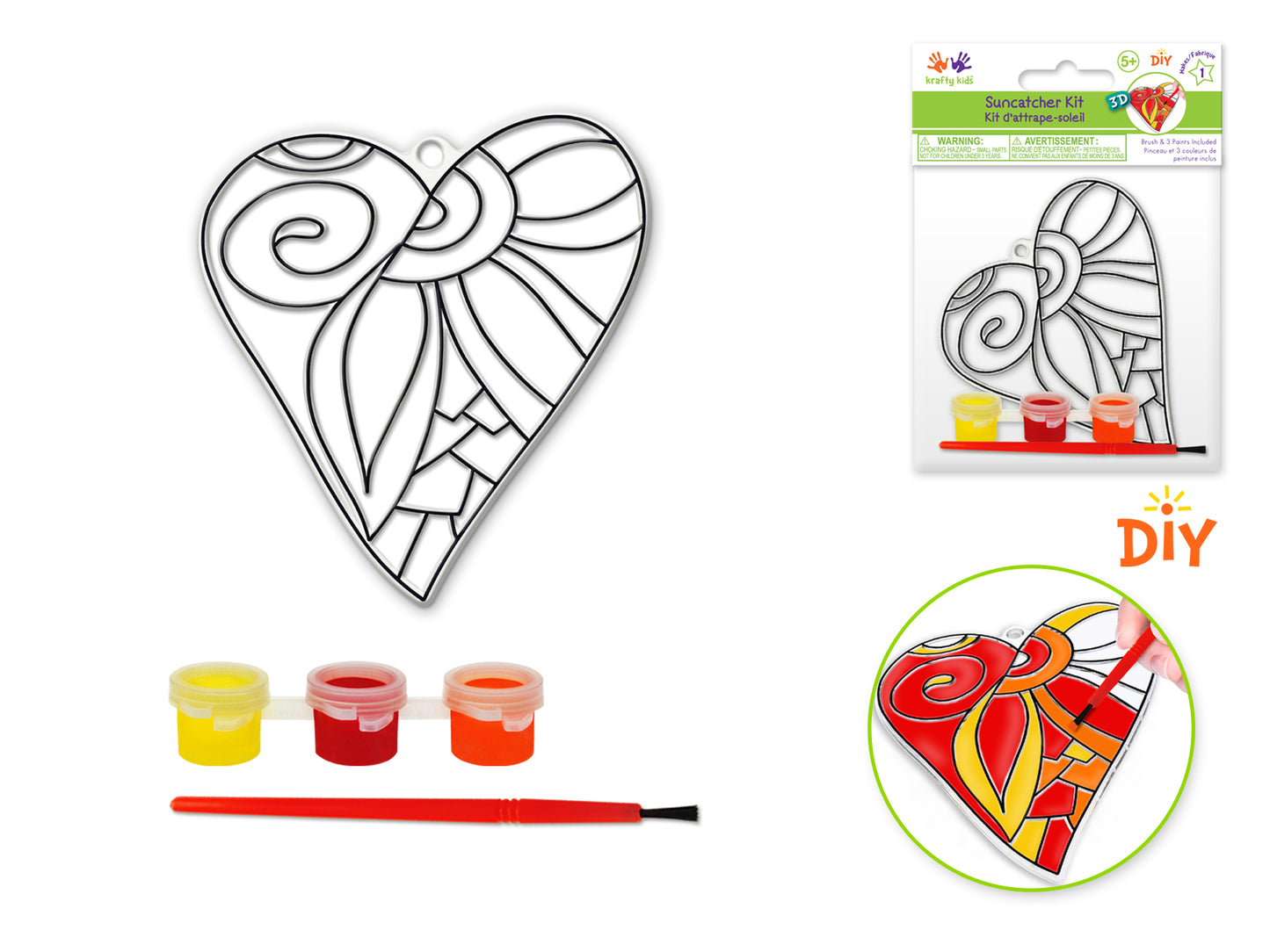 Krafty Kids Kit: 3D DIY 3.5"-4.3" Suncatcher w/3 Paints&Applicator G) Heart