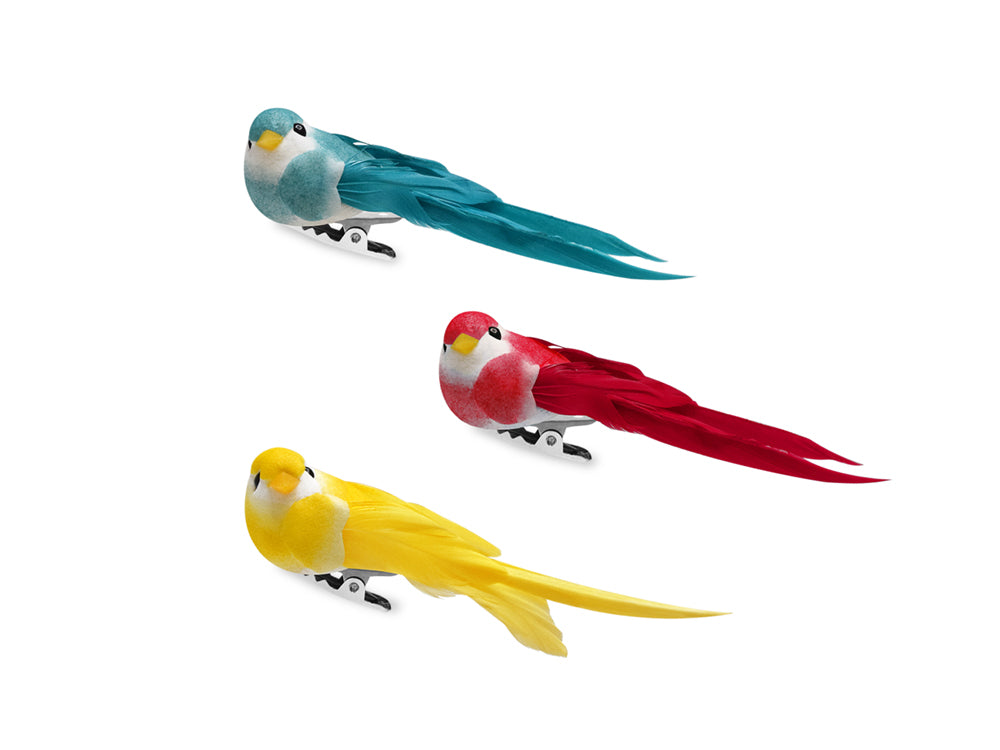 Craft Decor: 3.25" Mini Longtail Bird x3 w/Gator Clip A) Brights