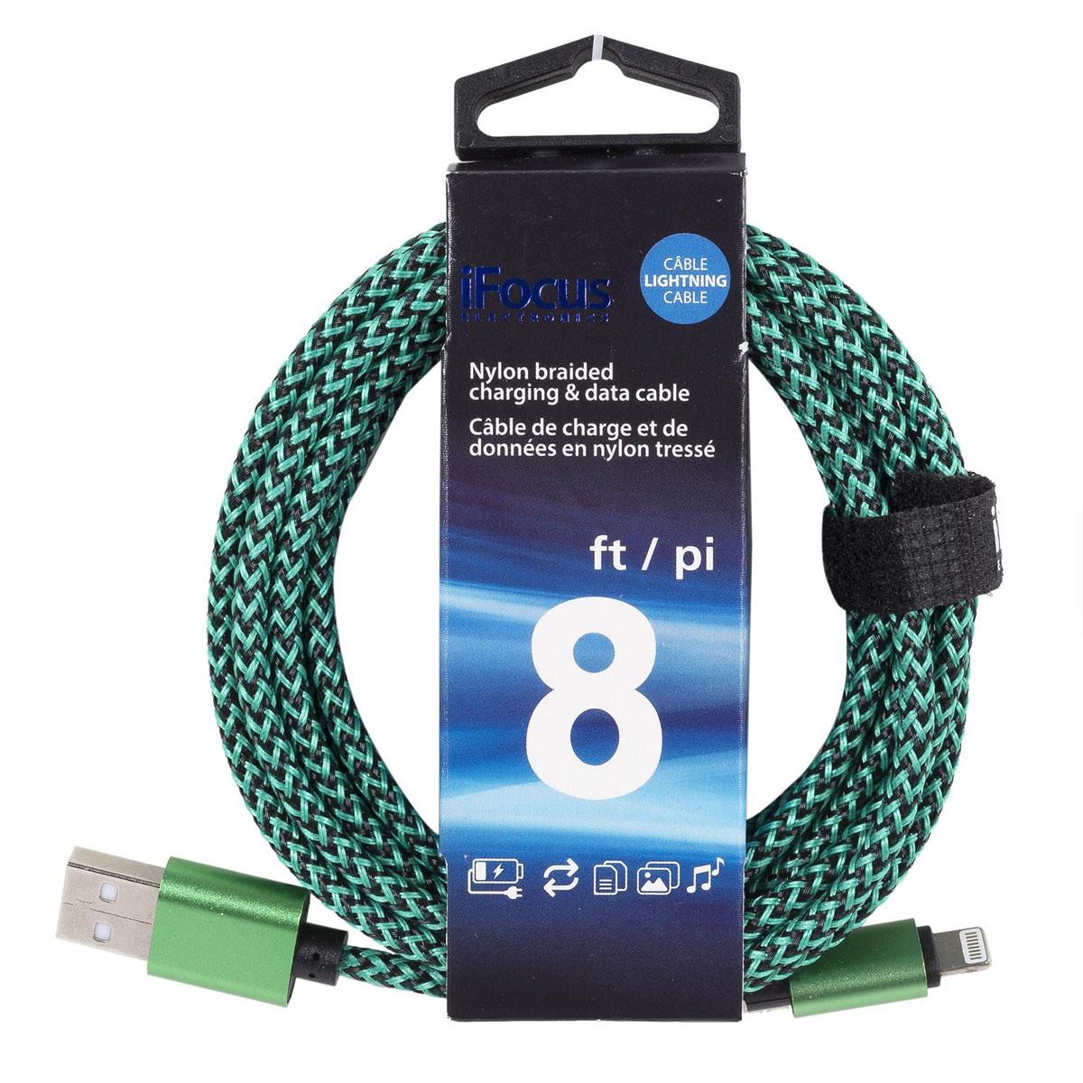 iFocus, 8 ft. Lightning data cable 2 tone Braided,4C,w/strap