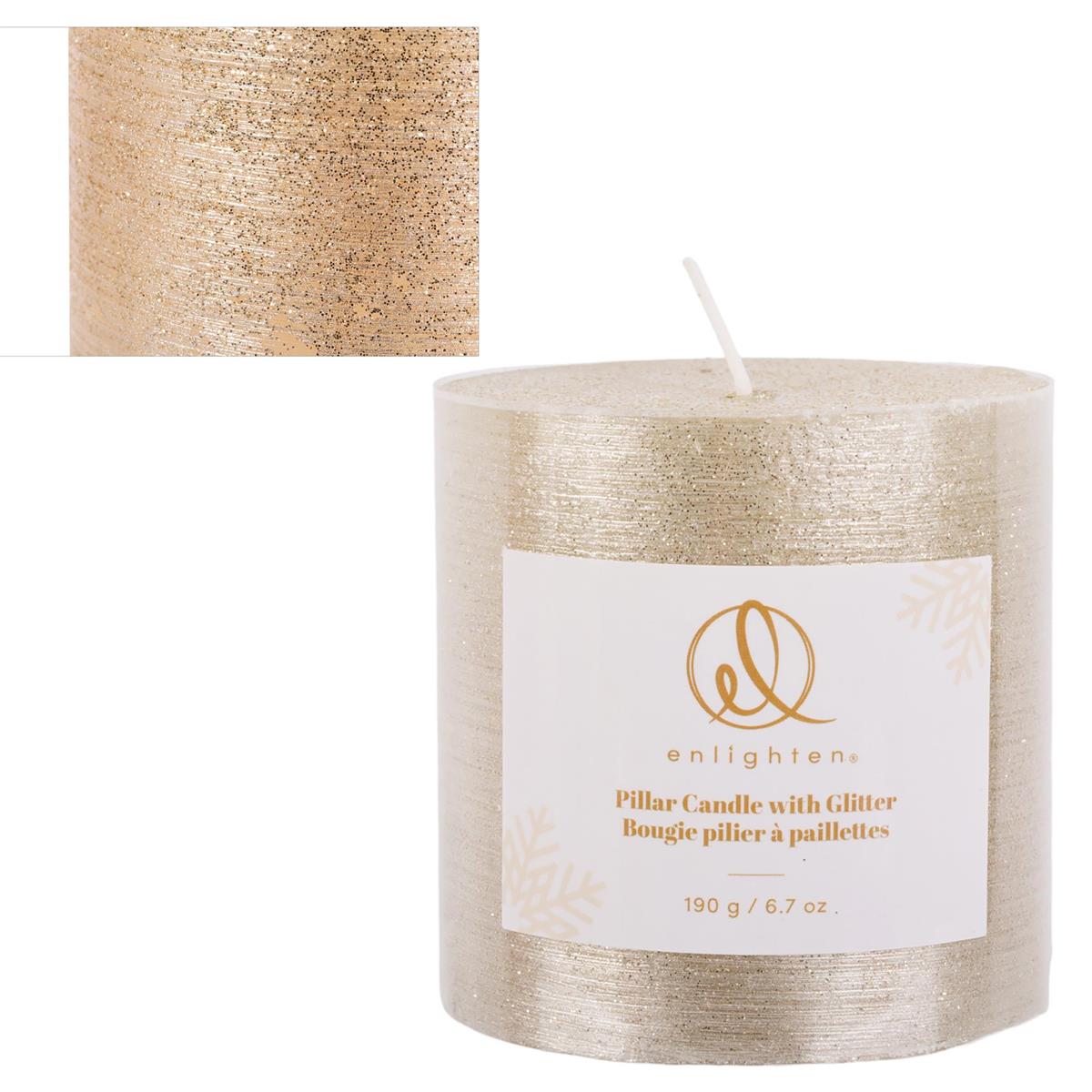 Enlighten 2.95"x2.95" Metallic Gold Pillar Candle w/Glitter, label