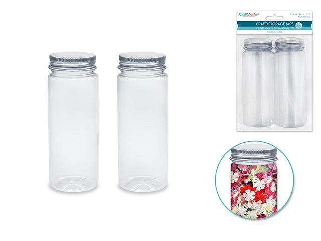 Craft Storage: 4.1x11cm (125ml) Plastic Cylinder Jar 2pc w/Alum Screw-Top