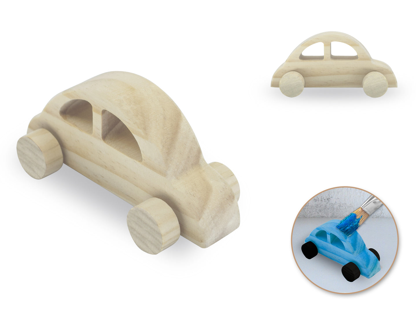 Wood Craft: 4.5" DIY Solid Wood Vehicles w/Moving Wheels A) Car