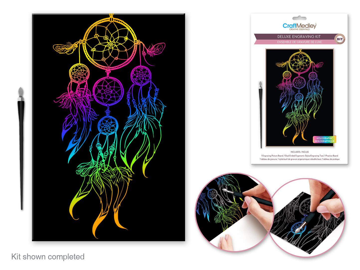 Craft Medley Kit: Deluxe Engraving Art DIY Kit E) Holographic~ Dream Catcher