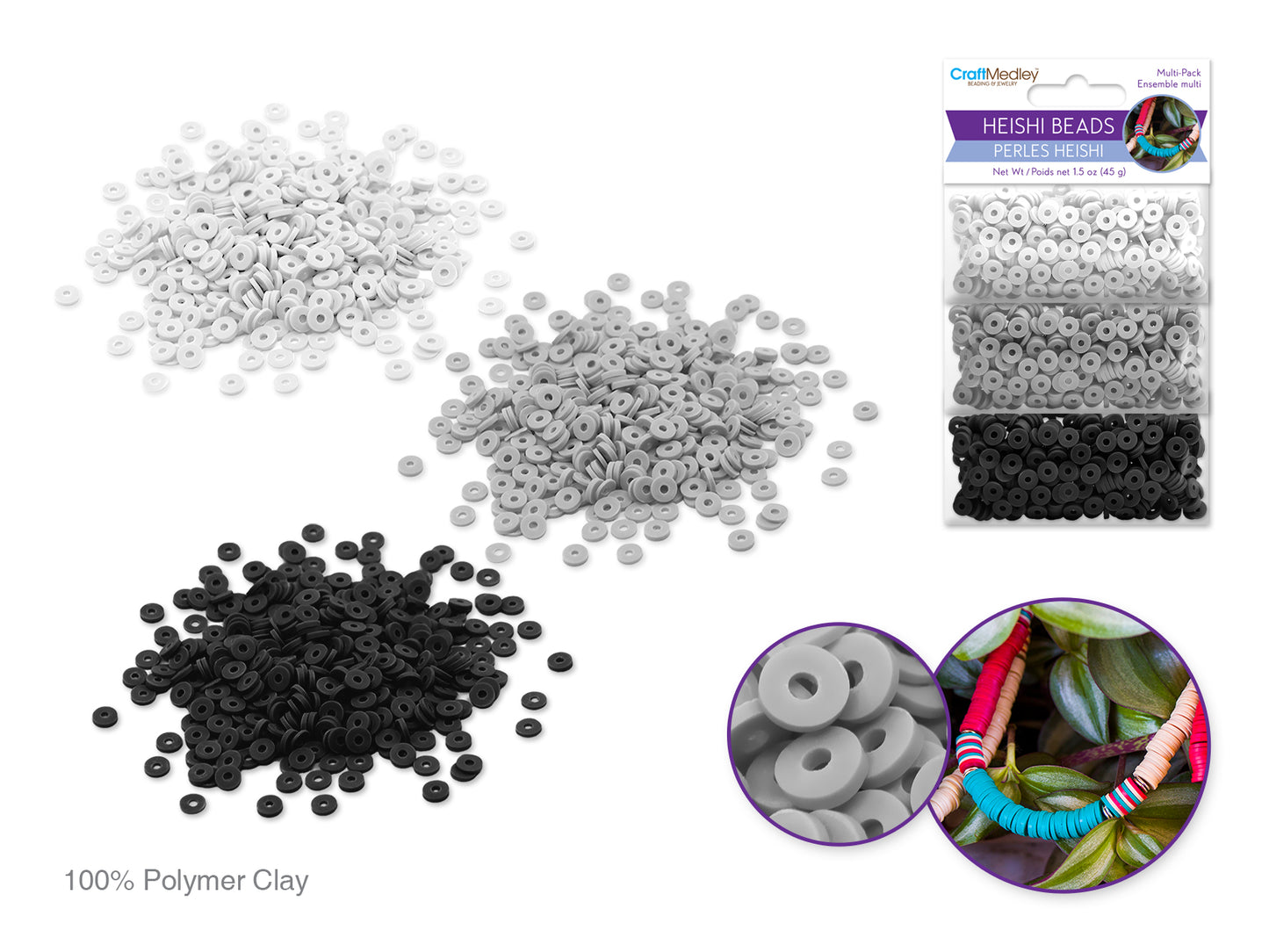 Polymer Clay Beads: 6mm Round Heishi 45g 3-Col 15g ea E) Classic