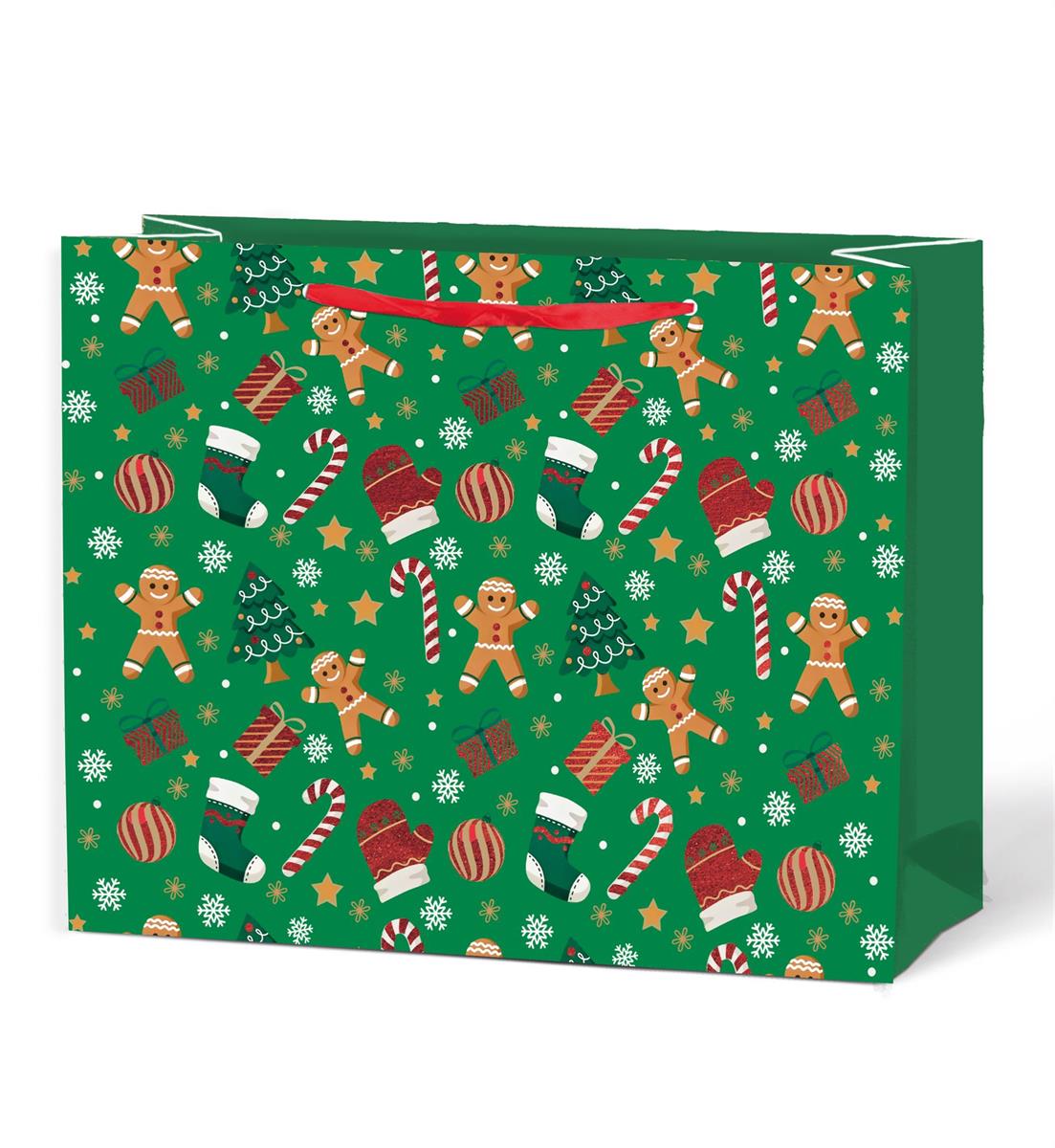 Paper T. Xmas Gift Bag, Green Xmas Icons, Horizontal Large, Matte+HS, tag+j-hoook 12.6"x10.2"x4.7", 210gsm