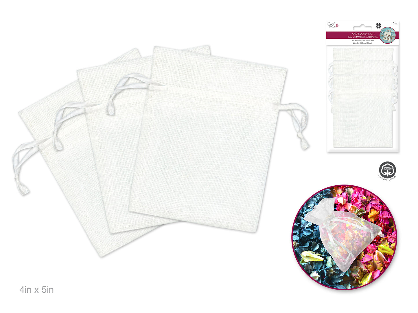 Craft Decor: 4"x5" Craft Goody Bags x3 Mesh Cotton w/Ribbon String A) White