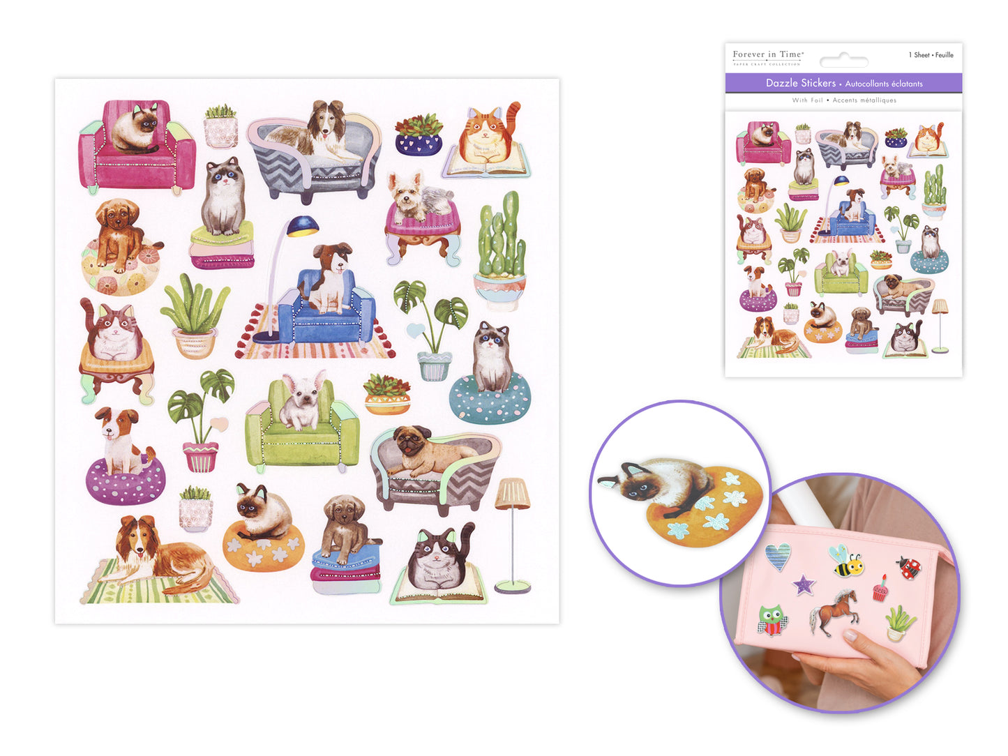 Paper Craft Stickers: 6"x6.5" Dazzle Effects K) Pets Chilling