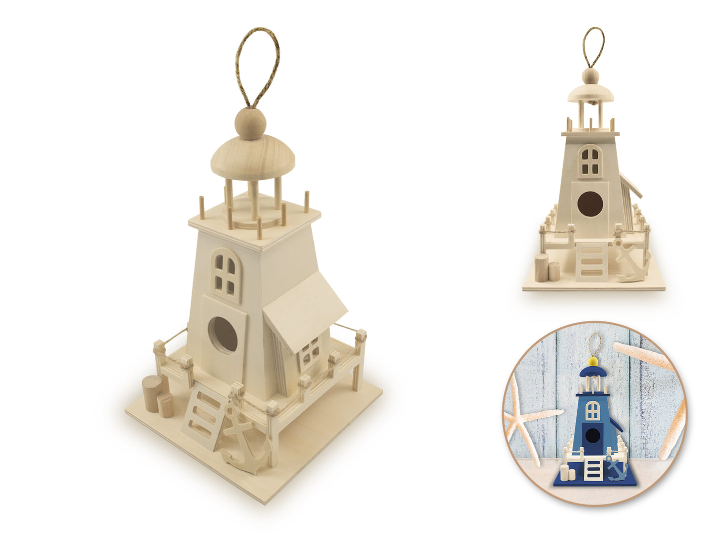 Wood Craft: 8.8"x5.7"x5.5" DIY Lighthouse Landmark w/Jute