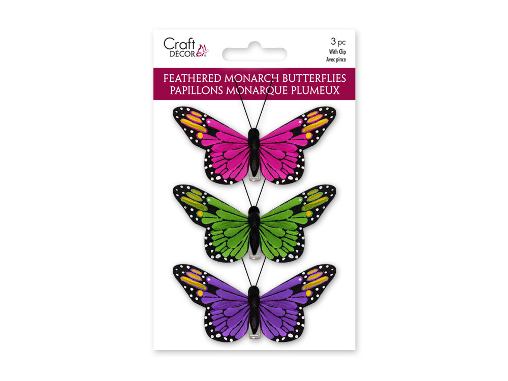 Craft Decor: 3.25"x1.75" Feathered Monarch Butterflies x3 w/Gator Clip A) Brights