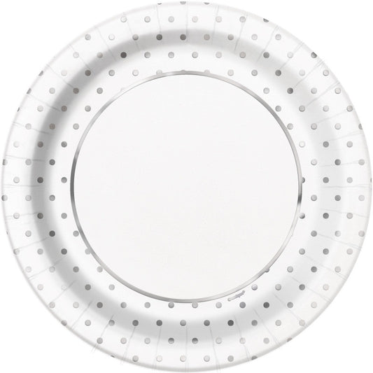 Elegant Silver Foil Dots Round 9" Dinner Plates  8ct - Foil Stamping