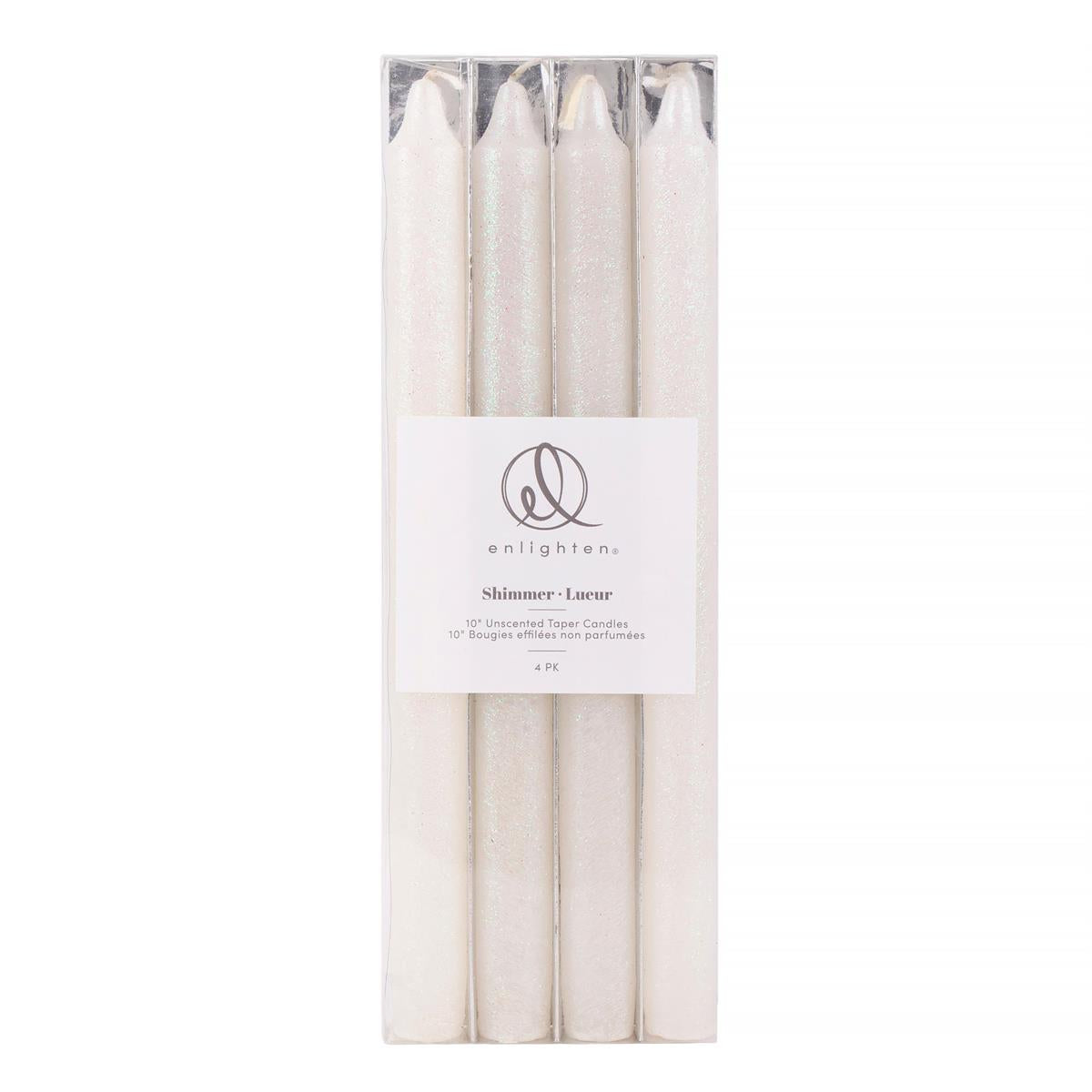 Enlighten 4pk 10" Shimmer White Taper Candle, pvc box