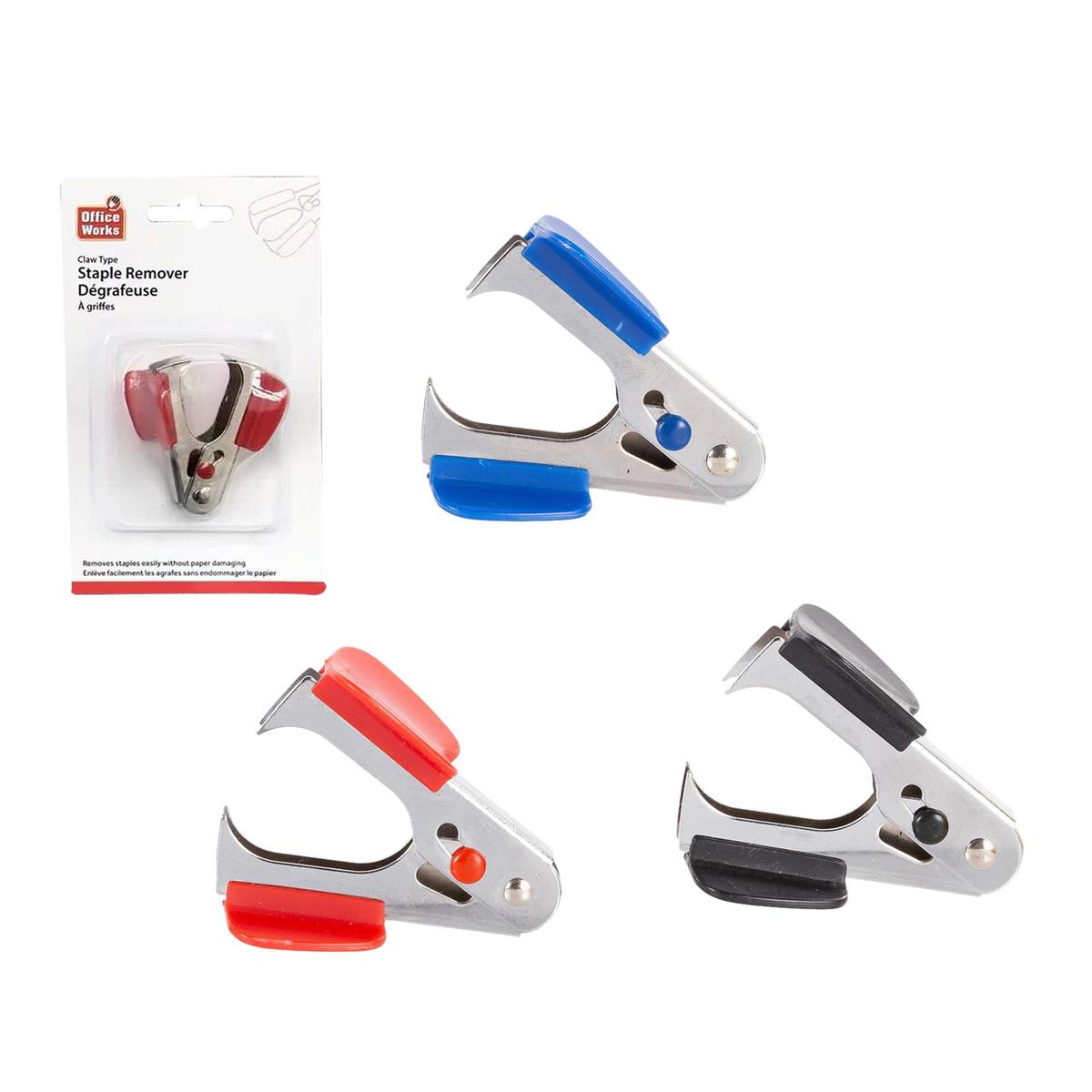 O.WKs. Staple Remover, 3 assorted colors. blister card