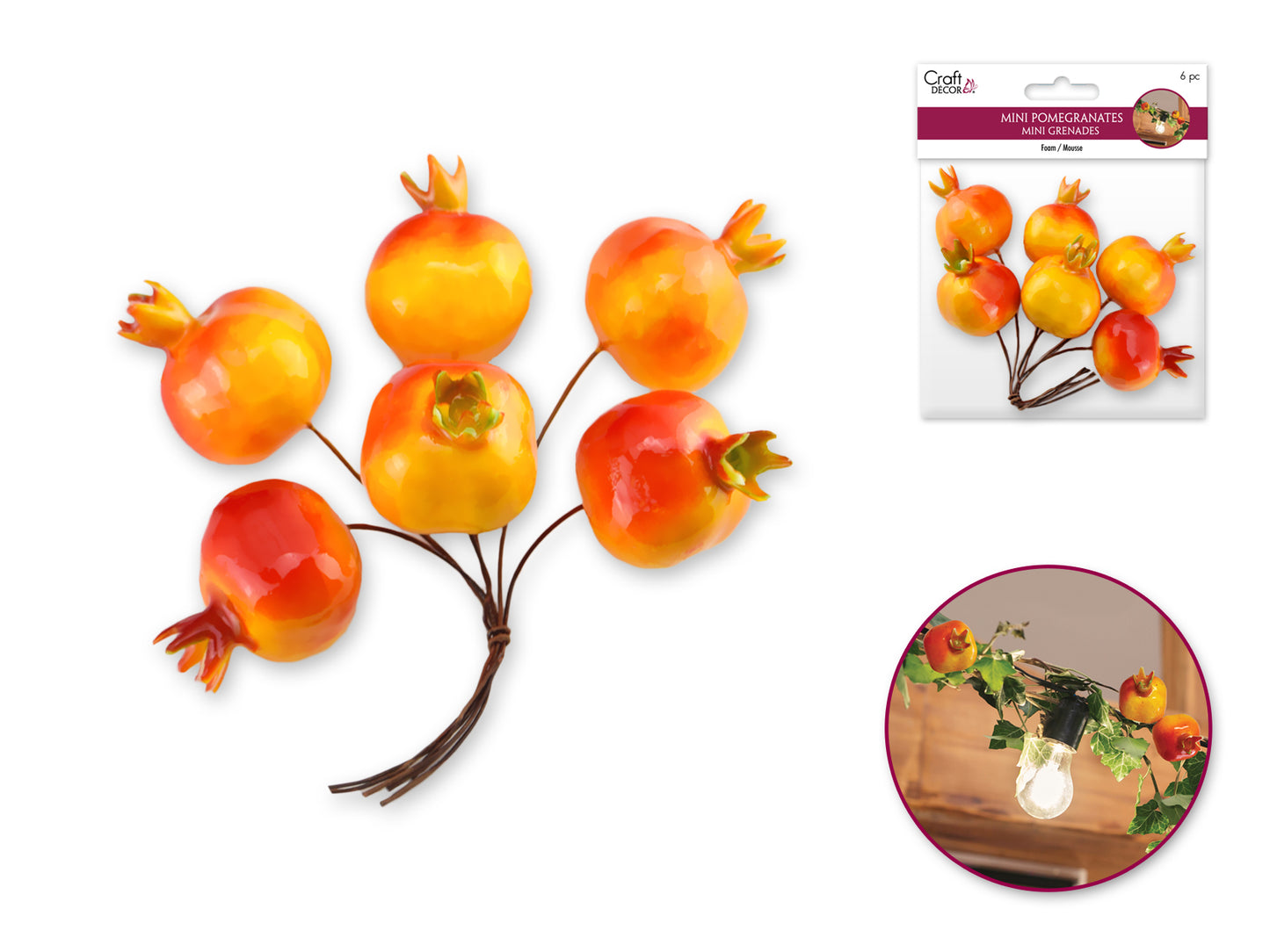 Craft Decor: 3cm Mini Pomegranate Picks 6pc Foam Glossy