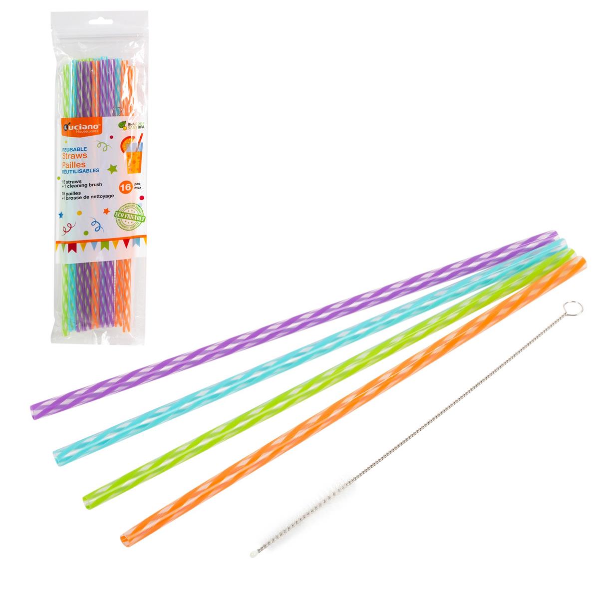 Luciano Reusable 15-pc 11"L Straws, w/ cleaning brush, zip lock bag(CS)