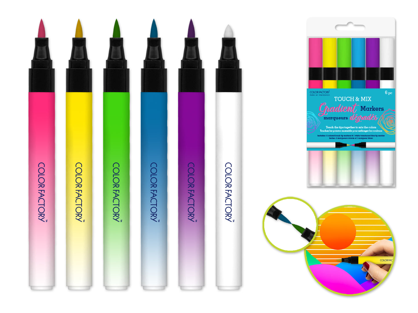 Color Factory: Touch & Mix Gradient Markers Brush Tip 6pk Alcohol-Based A) Brights Mix