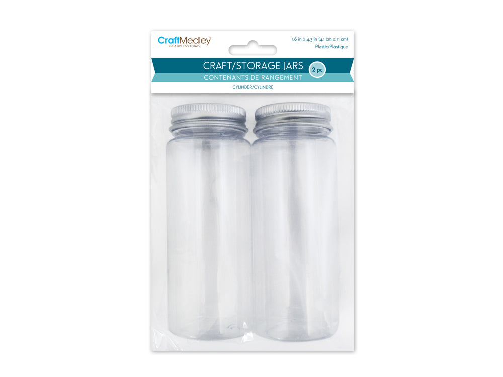 Craft Storage: 4.1x11cm (125ml) Plastic Cylinder Jar 2pc w/Alum Screw-Top