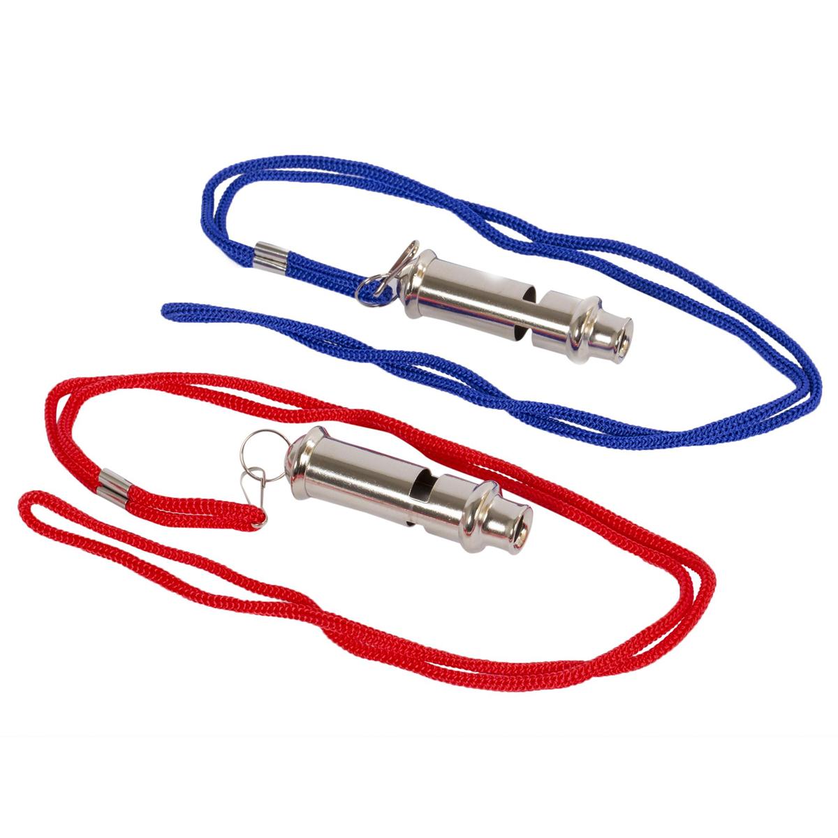 Metal Whistle w/ Cord, 2 styles, 2 colors (Blue and Red), b/c