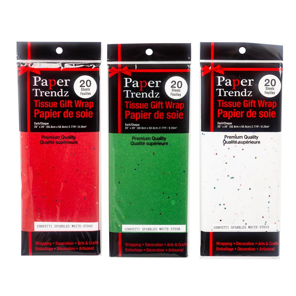Paper T. Xmas 20-Sheet Confetti Tissue, 20"x20", 3/c (Wht/Grn/Red), polybag