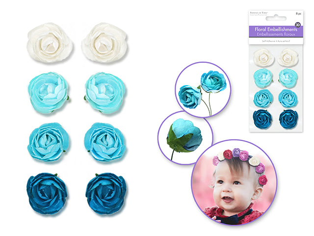 Floral Embellish: 1.1" Handmade Paper Rosebuds x8 C) Blue