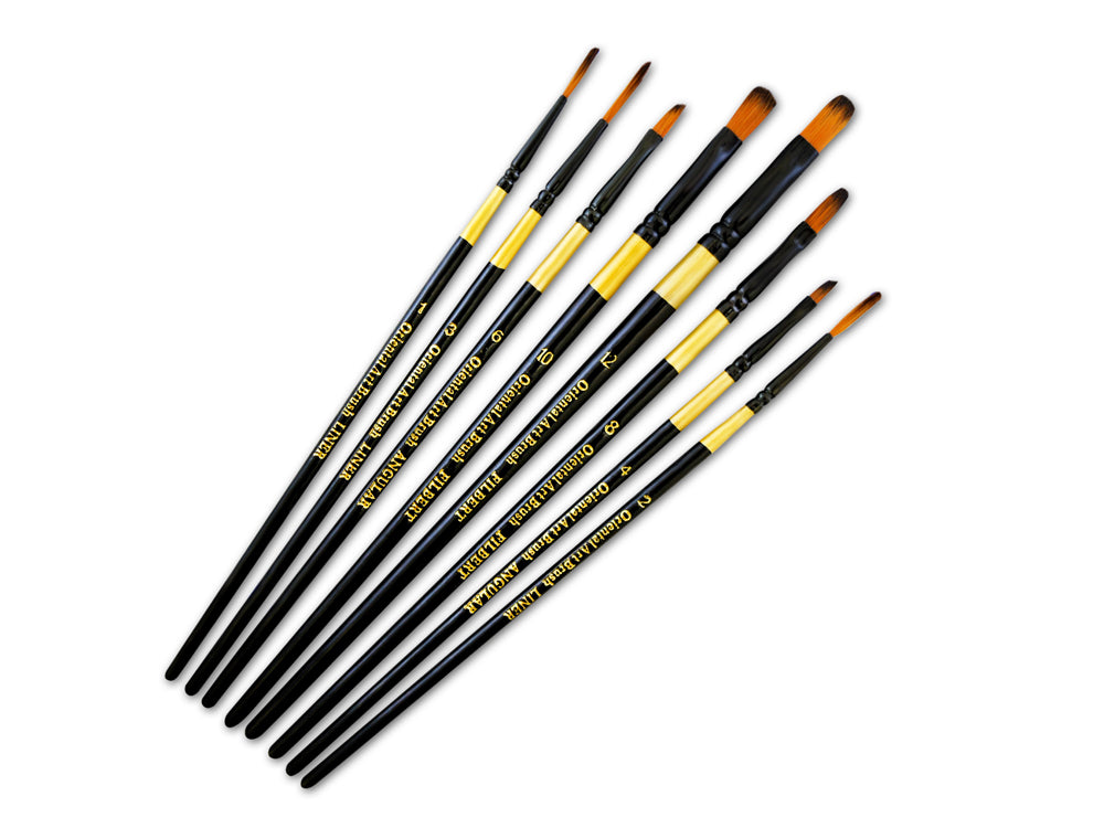 Artist Brush Set: Oriental Art Inspired x8 Wood Handle C) Liner/Filbert/Angular Set