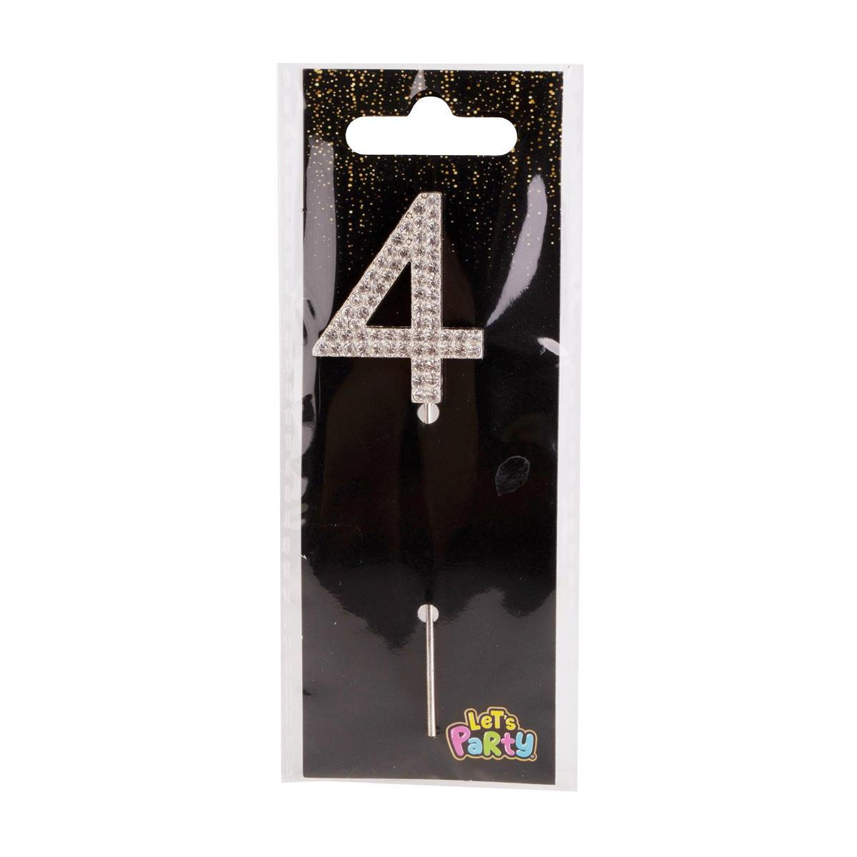 Let's Party #4 Rhinestone Numeral Cake Topper 4cm, silver