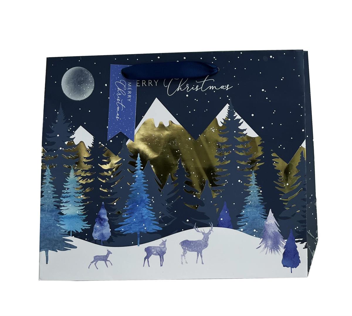 Paper T. Xmas Gift Bag, Mountains, Large, Matte+HS, j-hook+tag 12.2"x10.25"x4.7", 157gsm