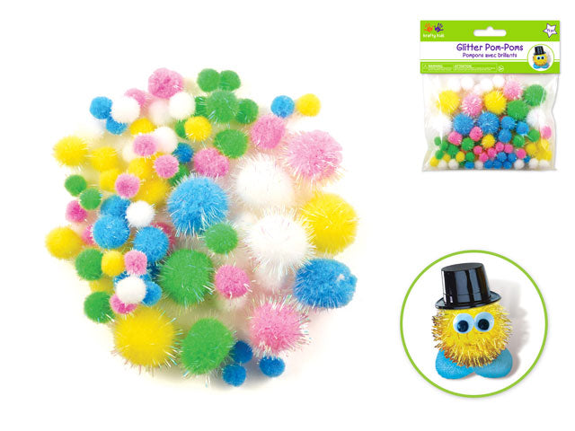 Krafty Kids: Pom-Poms Glitter Pack x75 Pastel Colors Asst Sizes