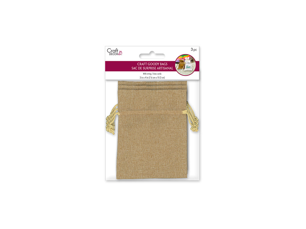 Craft Decor: 3"x4" Craft Goody Bags x3 Poly-Weave w/Rib String A) Burlap-Look