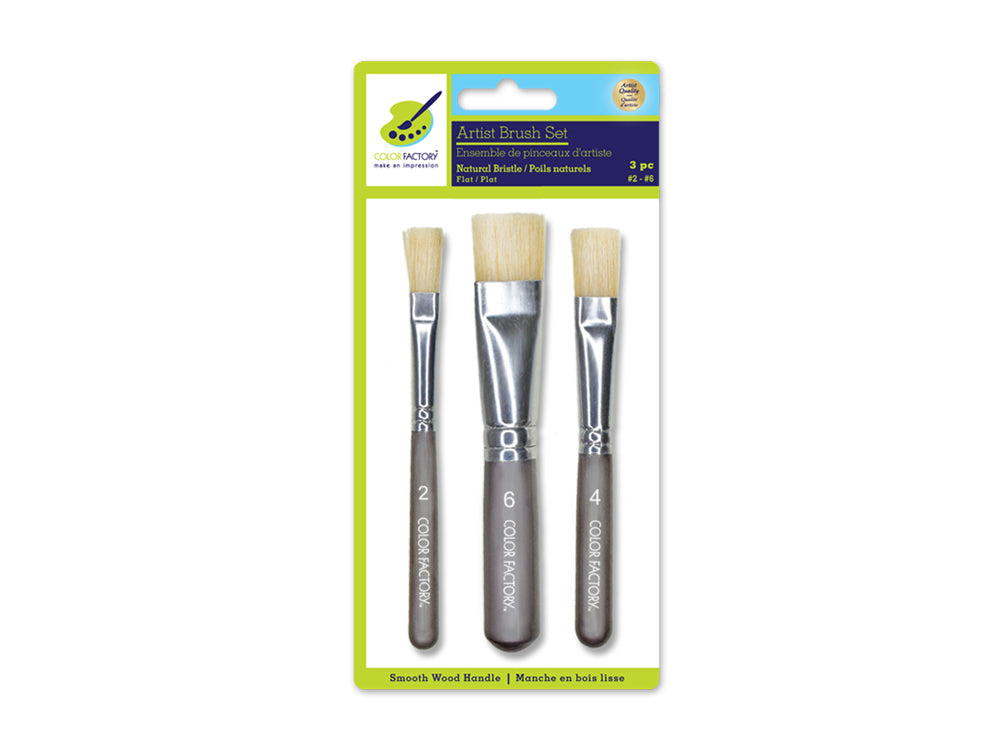 Artist Brush Set: 'Stubbies' Smooth Handle Bristle x3 Wood Handle B) Flat #2/4/6