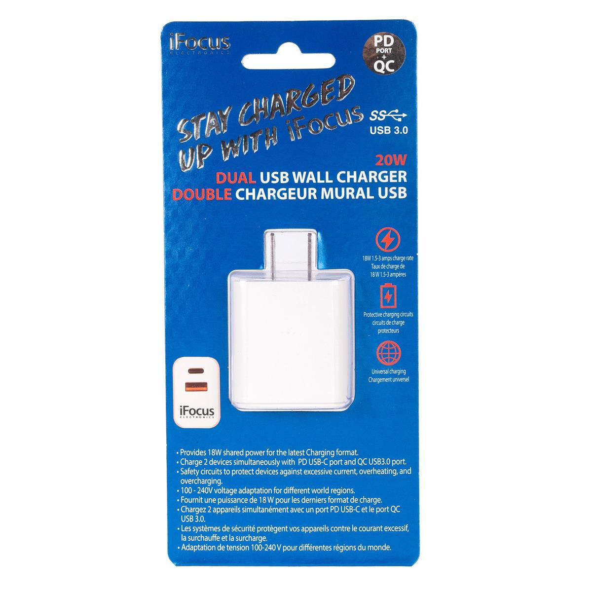 iFocus Dual PD+QC 20W USB Charger, WHT, 5V-12V/3A-1.5A shared power