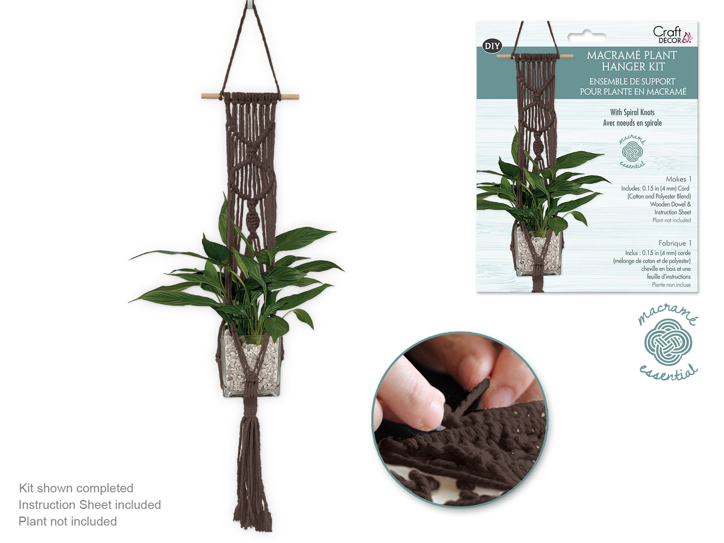 Craft Decor: DIY Macramé Planter Hanger Kit w/Wood Dowel C) Coffee