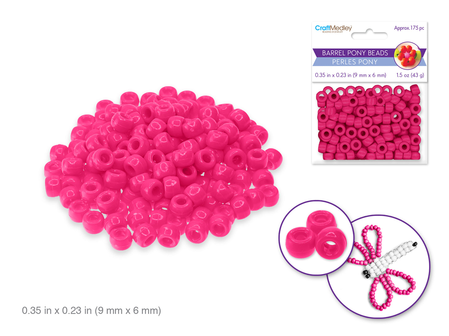 Pony Beads: 9mmx6mm Barrel Standard x175 O) Dark Pink